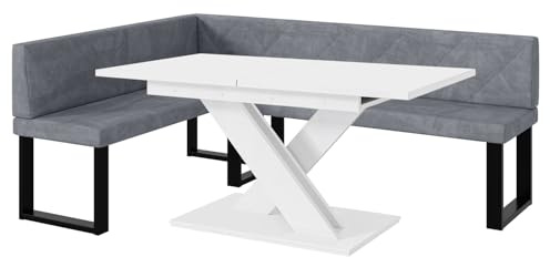 MEBLINI Eckbank für Esszimmer mit ausziehbarem Tisch - Küchenbank - Essecke - Sitzecke Küche - ERIC - U-Beine 142x196x87cm Links - Grau Samt/B Weiß Matt