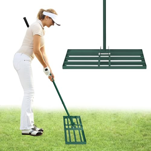 UISEBRT 25x75cm Rasen Nivellierungsrechen 3 IN 1 Multifunktions Metall Gartenrechen mit Stiel Rakel zum Sanden Abziehen Levelingrake Flächenebner für Garten Yard Golf - Grün