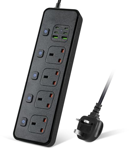 Extension Lead with USB Slots, 4 Way Sockets Outlets with 4 USB-C Ports and 2 USB Ports, 3250W Individual Switches 1.8M Extension Cable, UK Multi Plug Adapter Electrical Cords, Black