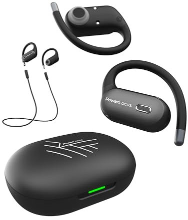 PowerLocus Auriculares Inalámbricos Deportivos, Auriculares de Open-Ear con Gancho Oreja Flexibles, Sonido Estéreo, Impermeables, Diseño Confortable, Cascos Inalambricos Bluetooth con ENC Mic