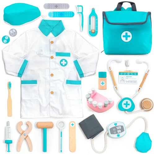 umu Kit medico in legno per bambini – Set di gioco di finta con stetoscopio, cappotto dottore, strumenti dentisti e altro – Gioco di ruolo giocattolo medico per ragazzi e ragazze di età compresa tra 3