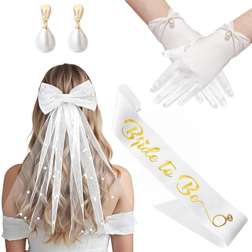4 Stück JGA Accessoires Frauen Braut Hochzeitszubehör Set mit Bride to Be Schärpe Schleier Perle Ohrringe Brauthandschuhe Junggesellinnenabschied Deko Für Bachelorette Party Hochzeit