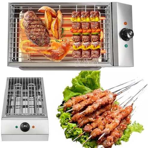 Parrilla eléctrica sin humo de 2600 W, máquina portátil para preparar kebabs, mariscos y carne con tubo calefactor, control de temperatura de 50-300 °C, rejilla de 42 x 25 cm, para fiestas y camping