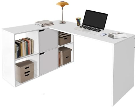 QLLY L-format kontorsskrivbord med 4 öppna förvaringshyllor och 2 små garderober, 100 x 118 cm datorbord med hörnskrivbord, bokhylla för studier, hemarbetsstation, spelbord, vit