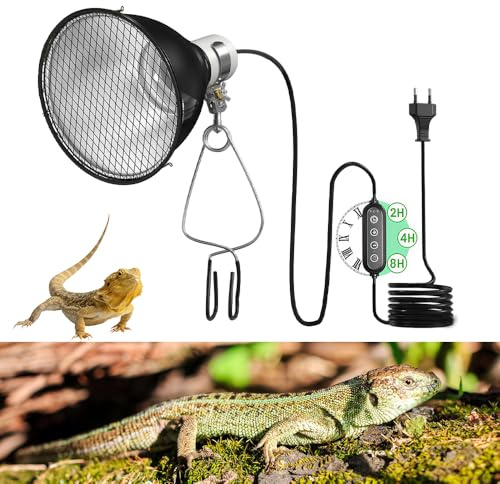 Wärmelampe Terrarium mit Schutzkorb und Timer, Wärmelampe Schildkröten mit Fassung mit EU-Stecker Lampe mit Dimmer Infrarot, UVA UVB Lampen Keine Glühbirne für Terrarien für Schildkröte, Chamäleon