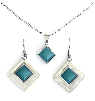 ASTER ALHELÍ Parure Donna Collana e Orecchini in Acciaio Inossidabile con Pietra Naturale Giada Blu – Collana Regolabile e Orecchini Pendenti Eleganti – Gioielli Artigianali – Idea Regalo Donna
