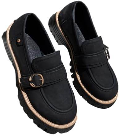 Scarpe da donna comode in stile britannico retrò, senza lacci, suola in gomma antiscivolo, con tacco grosso, mocassini da donna casual per passeggiate, Nero , 40.5 EU