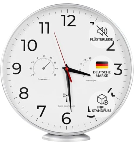 LATENO - Funkwanduhr Silber - zum Aufstellen oder Aufhängen - 30 cm - misst Temperatur und Luftfeuchtigkeit - Funkgesteuert - Wanduhr - Batteriebetrieben - Funkuhr - Küchenuhr Funk - Wanduhr Funk
