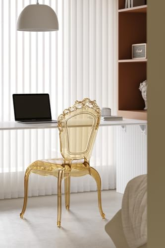 interoknack Acrylic Princess Dining Chair, Vintage Crystal Ghost Queen-Back Armchair – Amber Transparent