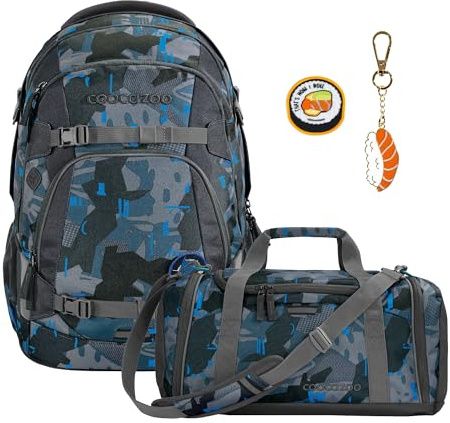 coocazoo Schulrucksack-Set Mate „Blue Craft“ 3-teilig, blau, ergonomischer 30L Tornister, höhenverstellbar mit Hüftgurt für Kinder ab der 5. Klasse, inkl. Sporttasche und Colour UP-Set „Sushi Love“