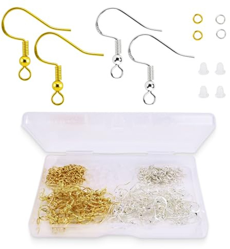 Set 400 Ganci per Orecchini DIY, 50 Ganci Argento Placcato S925 e 50 Dorati, con 100 Stopper in Silicone e 200 Anelli Metallici, Accessori Completi per Creazione e Riparazione Gioielli Fai-da-Te