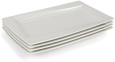 Festa Italia Servierplatte Porzellan 4-er Set - 34x20 cm - 4 Stück - Rechteckige Teller Groß - Weiß Servierteller Länglich - Fleischplatte - Servierplatten - Kuchenplatte - Lange Serviertablett