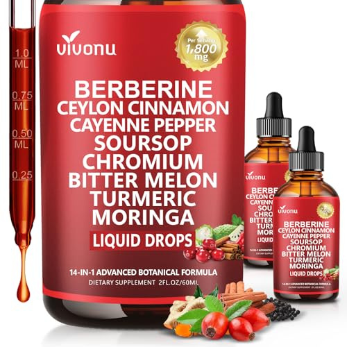 14-in-1 Berberine with Ceylon Cinnamon Supplement Liquid Drops, 1800mg + 30:1 Liposomal Tech with Cayenne Pepper Soursop Chromium Bitter Melon Turmeric Moringa Gymnema Glucomannan, GLP Support 2Bottle