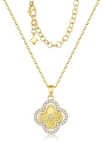 Turandoss Four Leaf Clover Necklaces for Women, 14K Gold Plated Necklace | Dainty Cubic Zirconia Lucky Clover Pendant Neckalce for Women Birthday Jewellery Gifts for Women Teen Girls