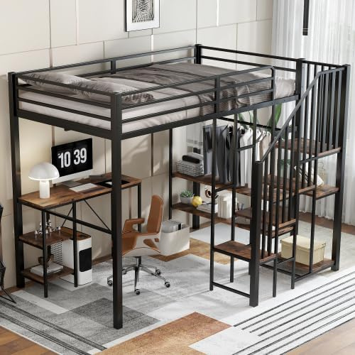 Merax Eisenbett Etagenbett für Kinder und Jugendliche, 120x200cm, Schwarz mit Vintage-Holzfarbe, Integrierter Tisch, Ablageregal und offener Kleiderschrank, EN 747 Zertifiziert