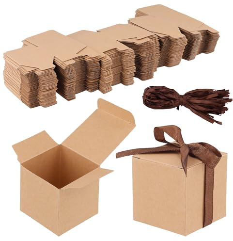 SYUTBOU 150 Stück Geschenkboxen aus Kraftpapier, 5 x 5 x 5 cm Geschenkschachteln Braun mit Band, Kleine Geschenkkartons für Geschenke, Weihnachten, Hochzeit, Geburtstag