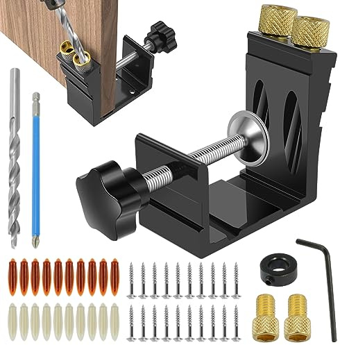 47-Piece Pocket Hole Jig Kit, Solid Metal 15° Angle Drill Guide Set with Starter Drill Bit, Screws & Plugs, Beginner-Friendly Woodworking Joinery Tool for DIY Carpentry
