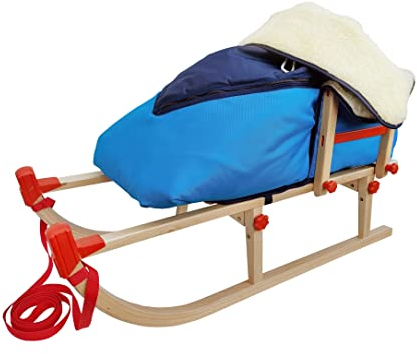 Erst-Holz Solida Slitta in Faggio Pieghevole Offerta in 7 Varianti( Colore-Sacco-Asta ) V-22-105, Accessori per Slitta:con Schienale e Sacco coprigambe Blu