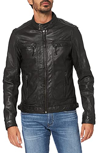 Oakwood 60901 - Veste en cuir - Col à boutons - Manches longues - Homme - Noir - Large (Taille fabricant: L)