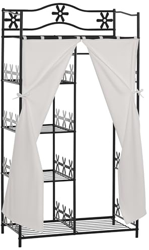 HOMCOM Armoire Chambre Adulte Penderie Vêtement Dressing Multi Rangements 5 étagères 84L x 42l x 159H cm métal Noir 2 Rideaux Blanc