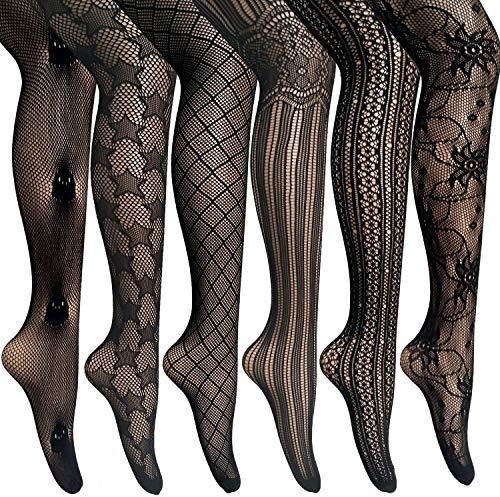 ANDIBEIQI Collants Bas Résille 6 Paires Femmes Hollow Collant extensible filet élastique confortable noir/motifs fleurs, Noir-6, Taille unique,Taille unique,Noir-6