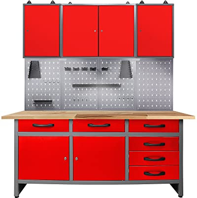 Ondis24 Werkstatteinrichtung rot mit LED Beleuchtung, 160 cm breit, Werkbank, Werkzeugschrank, Werkzeugwand