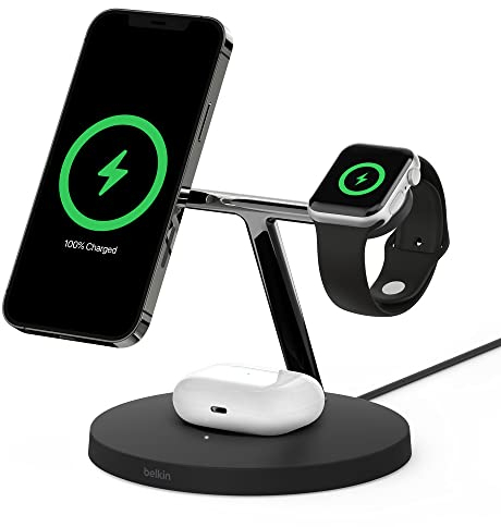 Belkin BoostCharge PRO 3-in-1-Wireless-Ladegerät mit MagSafe für iPhone 13 + Apple Watch + AirPods (lädt iPhone 13-Modelle magnetisch mit bis zu 15 W)