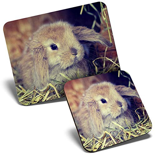 Mouse Mat & Coaster Set - Cute Baby Bunny Rabbit Pet Animal 23.5 x 19.6 cm & 9 x 9 cm for Computer & Laptop, Office, Gift, Non-slip Base #44752