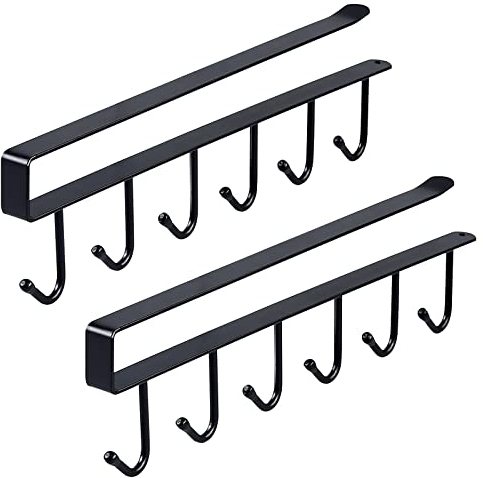 2 Stück Tassenhalter, Unter Regal Tassenregal Ohne Bohren Tassenhaken mit 6 Haken Schrankeinsatz Becherhalter für Tassen Küchenutensilie Aufbewahrung (Schwarz)