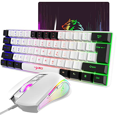 60% Gaming Keyboard and Mouse Combo with RGB Backlit, Mechanical Feel, Mice Pad, USB Wired for PC Mac PS4 - White