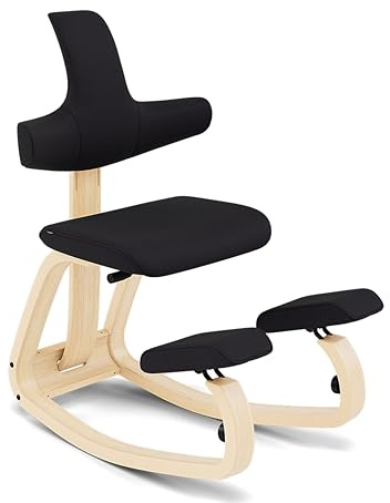 Varier Thatsit Natur/Schwarz Ergonomischer Kniestuhl Höhenverstellbar mit Rückenlehne und Holzrahmen aus Buche für Aktives Sitzen – 10 Jahre Qualitätsgarantie