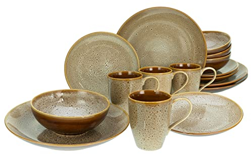 CreaTable, 23673, Serie Reactive Nostalgic (Cognac/Weiss), 16-teiliges Geschirrset für 4 Personen, Kombiservice aus Steinzeug, spülmaschinen- und mikrowellengeeignet, Qualitätsproduktion