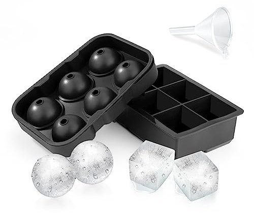 Bandejas de Cubitos de Hielo de Silicona Moldes Bolas de Hielo con Embudo Moldes Cuadrados Grandes de 6 Compartimentos de Cubitos de Hielo para Bebidas, Whisky y Cócteles, 2 Piezas (Negro)