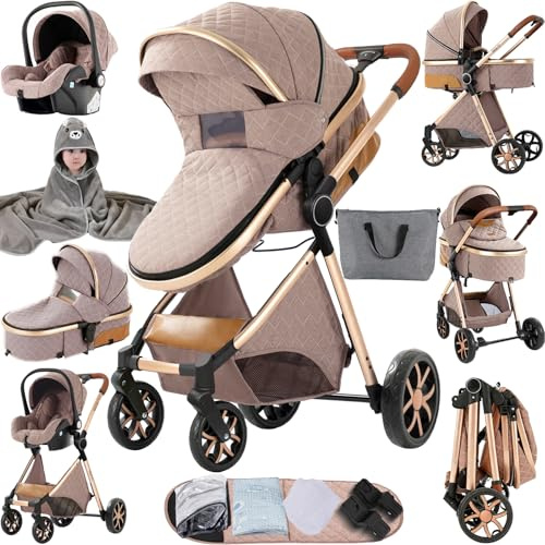 MoLi Carrito de Bebe 3 en 1, Carro Bebe 3 Piezas Plegado Conveniente con Un Solo Clic, Carrito Bebes con Modo de Doble Empuje Reversible, Cochecito Tres Piezas Paisaje Alto (225 Khaki)