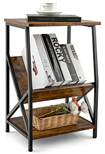 GIANTEX Beistelltisch mit 3 Ebenen und einzigartigem Design | Nachttisch Holz & Metall, Sofatisch Couchtisch Kaffeetisch im Bauernhaus-Stil für Magazine, 40x30x61 cm