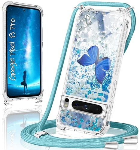 XCYYOO Handykette für Google Pixel 8 Pro Hülle mit Band,Handyhülle Google Pixel 8 Pro Glitzer Schmetterling mit Kette TPU Slim Bumper Kratzfest Stoßfest Schmetterling Schutzhülle mit Kordel