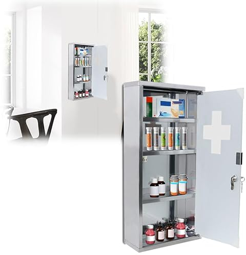AufuN Medizinschrank aus Edelstahl, abschließbarer Arzneischrank Hausapotheke mit Glas Tür, Erste Hilfe Schrank, 4 Fächer für zu Hause, Silber, 30x12x57.5cm