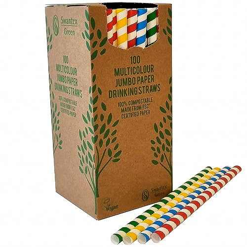 Jumbo Recyclable Paper Drinking Straws Multicolour 225mm 11mm Bore Vegan Friendly Rainbow Disposable Compostable Pack of 100 - Perfect for Drinks. Suitable for Decorations, Weddings, Parties