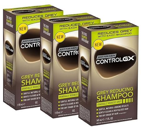 PROMOO Just For Men Control GX Grey Reducing Shampoo per capelli grigi, con olio di cocco e aloe vera, nuova formula migliorata, tutte le tonalità, 118 ml, confezione da 3