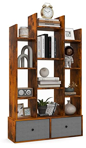 HOMASIS Bücherregal mit 12 Etagen & 2 ausziehbaren Schubladen, Büroregal aus Holz, Standregal mit Kippschutz, Lagerregal Aufbewahrungsregal für Wohnzimmer, Arbeitszimmer,Büro (Braun, 80 x 24 x 132 cm)