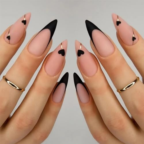 24pcs Medium Almond False Nails French Tip Heart Design Stick on Nails Black Edge Matte Pink Press on Nail Removable Glue on Fake Nail Art Accessories for Women