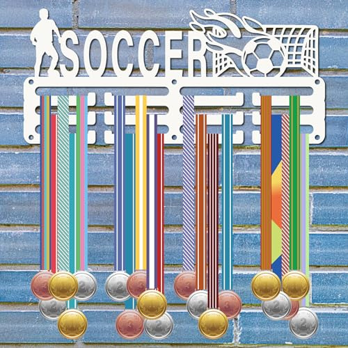 CREATCABIN Fußball-Medaillenaufhänger,Medaillenhalter,Rack,Sport,Fußball,Metall,Zum Aufhängen,Auszeichnungen,Eisen,Kleine Halterung,Dekor Für Wand,Zuhause,Abzeichen,Rennen,Schwimmen,Weiß,29x13cm