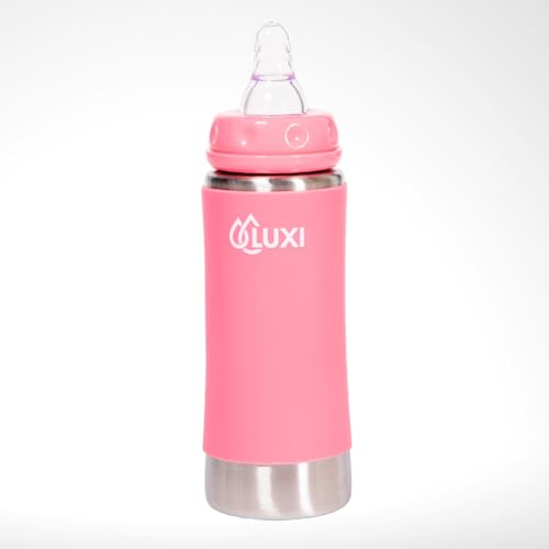 Thermosflasche aus Stahl, warm, kalt, BPA-frei, 240 ml, Antikolisch, 3 Set mit Silikondüsen, Sauger Physio, Strohhalm, Beschichtung aus medizinischem Silikon, Trinkflasche (Rosa)