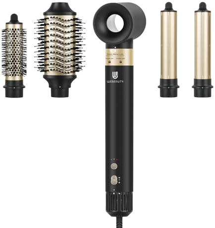 webeauty 5 in 1 Haartrockner Haarstyler, 110,000U/Min, 20M/S, 200 Millionen Negative Ionen Hochgeschwindigkeit Bürstenloser Föhn mit Warmluftbürste und Air Lockenstab, Schwarz