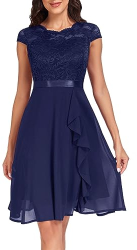 Damen Abendkleider Elegant A Linie Festliches Abendkleider Cocktailkleid V Ausschnitt Standesamt Chiffon Hochzeitskleider Kleid Spitze Partykleid Spitzen Dress Brautkleid, Blau