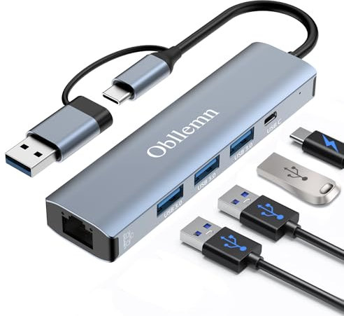 Obllemn Adattatore USB Ethernet, Hub USB C Ethernet, Adattatore Etherne t US B LAN 1000Mbps RJ45 A-dattatore US-B C E-thernet con 3 porte U-SB 3.0 e U-SB di tipo C per Windows XP/MAC/Linux/Chromebook