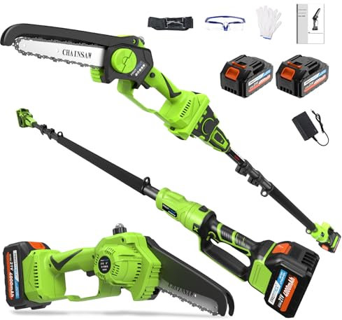 2-in-1 Akku Teleskop Hochentaster 8 Zoll & Mini Kettensäge mit 2×4.0Ah 21V Akku, Bürstenloser Motor, Arbeitshöhe bis 4.5 Meter, Kompakte Hochentaster zum Baum- und Heckenschneiden
