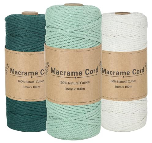 BUCOMTU 3 Pieces Set Fil macramé 3mm, 3mm x 300m Cotton Cord, Corde macramé, utilisé pour l'article de Bricolage, tressage, Emballage(Vert foncé, Vert Clair, Beige)