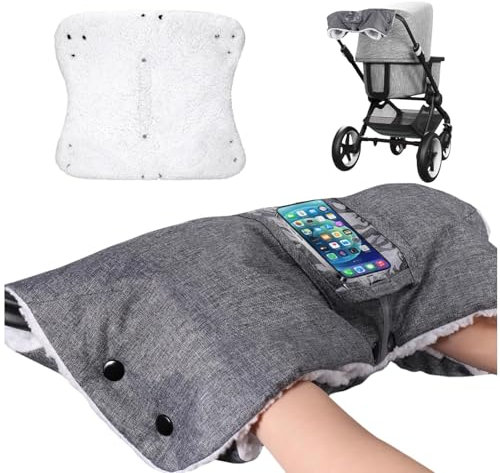 Kinderwagen Handwärmer, Kinderwagenmuff mit Fleece Innenseite, Wärmer Wasserdicht Kinderwagenmuff, Handmuff für Kinderwagen mit Handyfach, Universelle Größe für alle Kinderwagen Buggy, Grau, 1PC