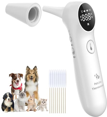 Pet Ear Thermometer for Dogs, Cats, and Livestock, Long Probe Designed, ℃/ ℉ Convert and Sound Switch Dedicated Button, 1 Second Measurement, 20 pcs Pet Swabs Included